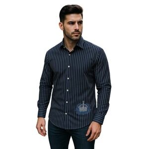 Level Ten Y2K Elegant Navy Pinstripe Dress Shirt with Royal Crown Emblem Mens XL